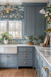 Floral Wallpaper & Gold Accents Kitchen Counter