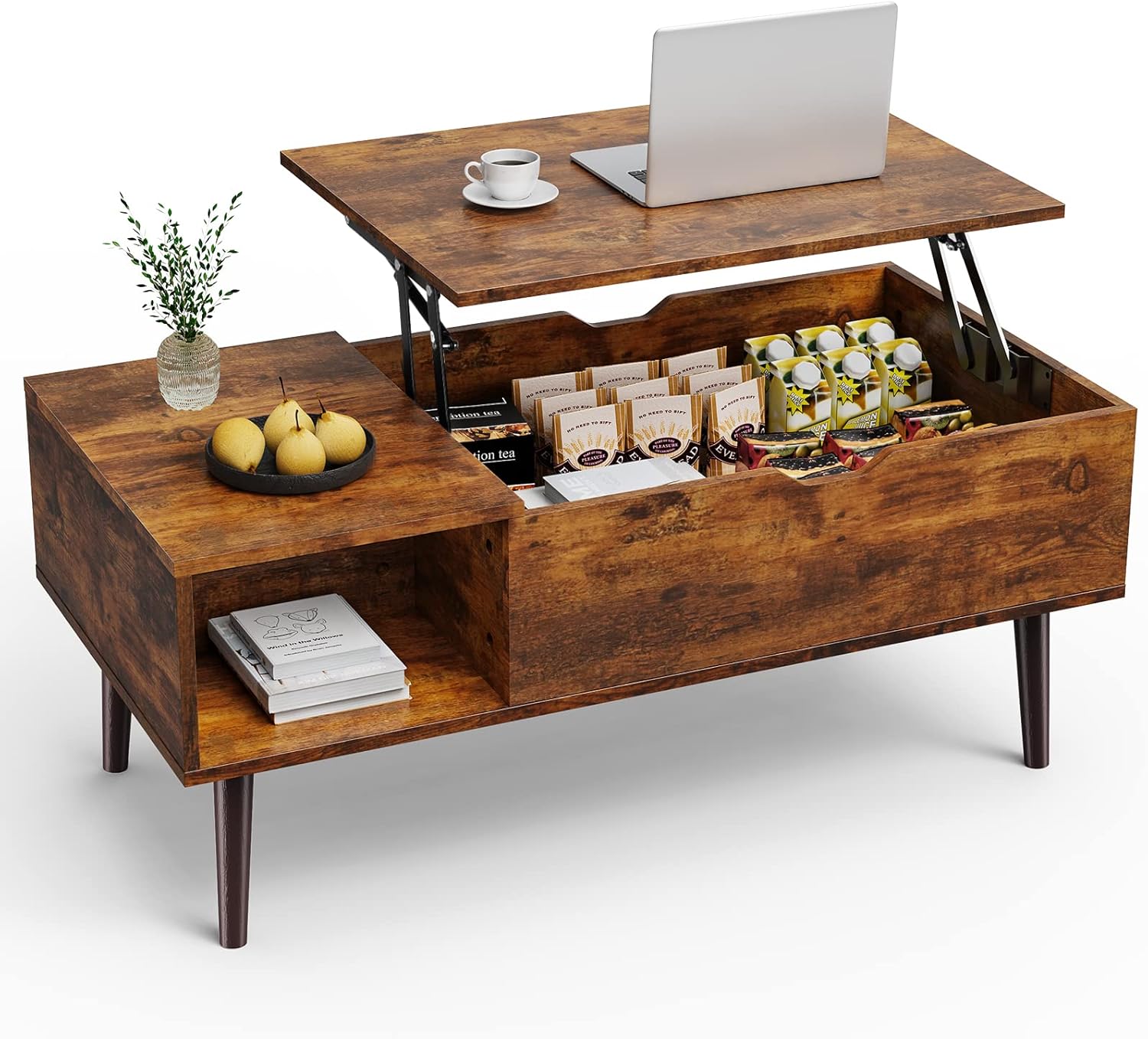 Rustic Coffee Table with Storage Shelf and Hidden Compartment