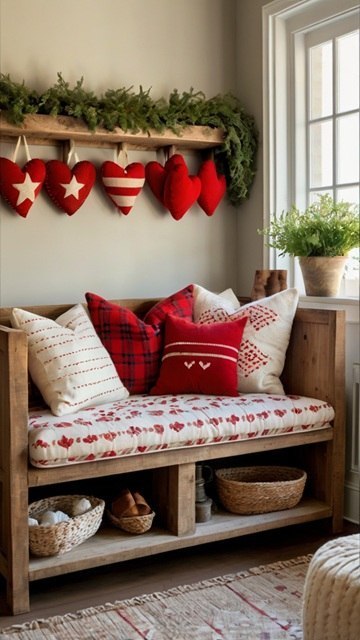 Farmhouse Bench with Heart Pillows