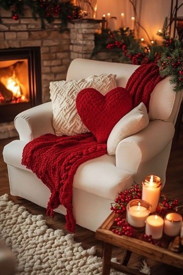 Cozy Fireplace Corner with Valentine’s Touch