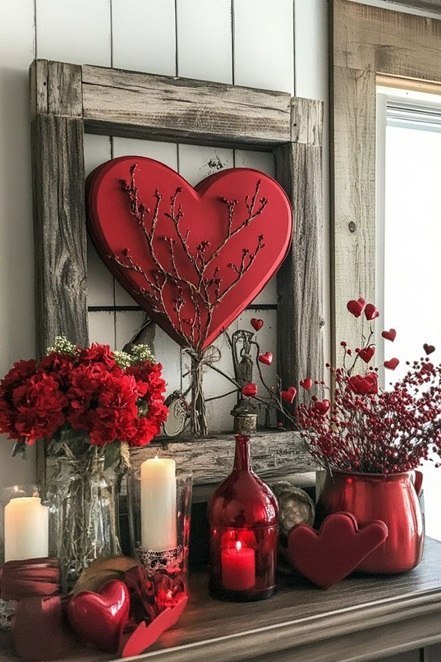 Rustic Mantel with Heart Decor