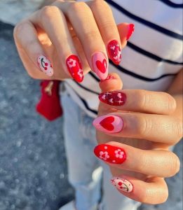 valentine's day nails Red and Pink Floral 