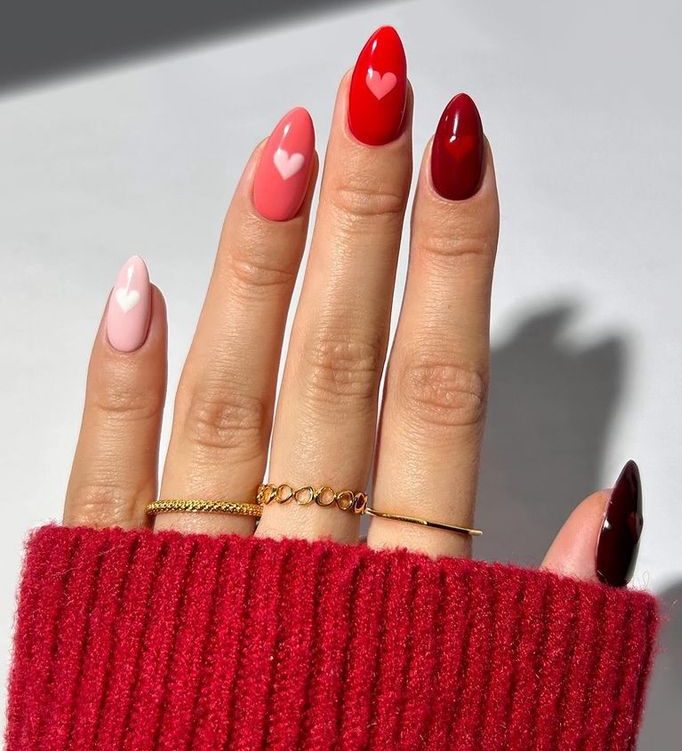 valentine's nails Gradient Red Ombre with Heart Tips