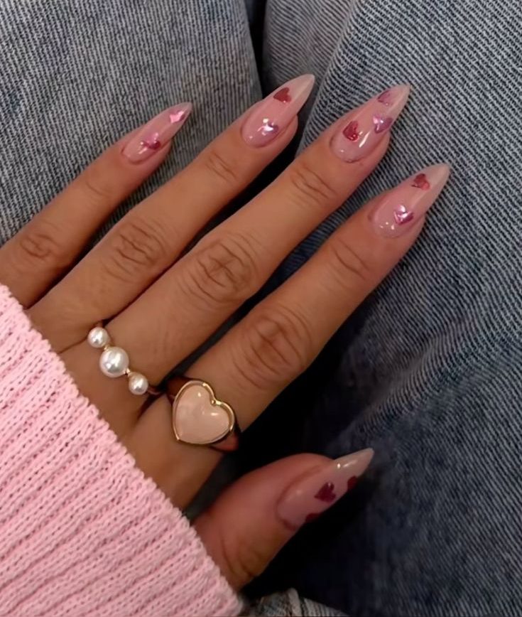 Pink valentine's day nails with Hearts