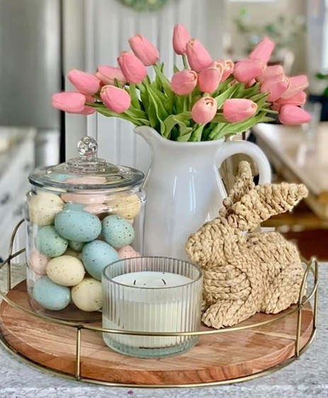 Classic Easter Centerpieces with Pastel Eggs and a Bunny Accent