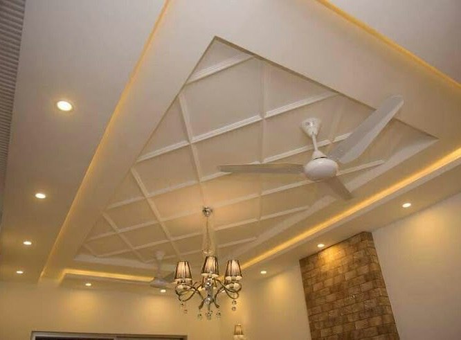 false ceiling designs with two fans and Chandelier