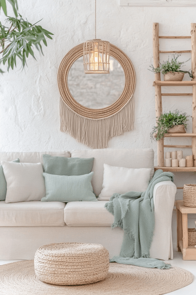 Soft Sage & Light Wood Boho Living Room Decor Ideas