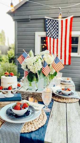 Chic Outdoor Table with Flag Accents