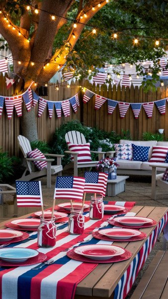 Backyard Party Setup with Flag Garland