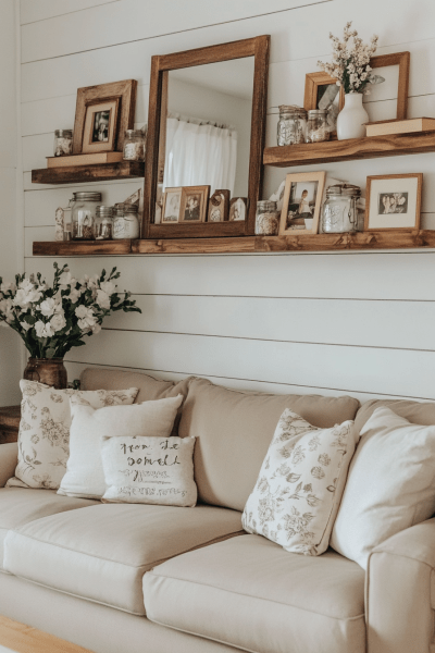 Farmhouse Living Room Shiplap & Shelf Styling for a Layered Look