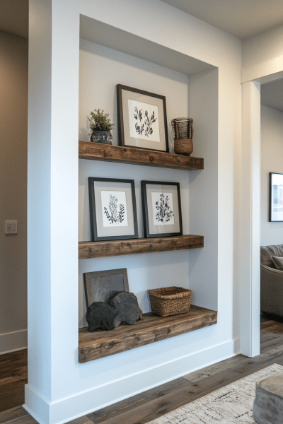 Living Room Built-In Shelf Niche for a Clean Rustic Display