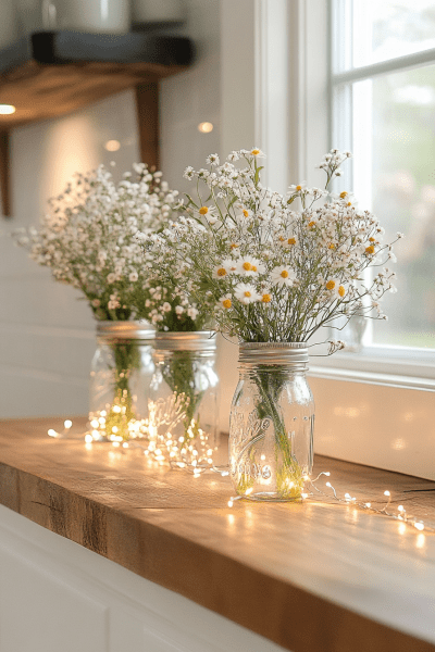 Farmhouse Living Room Windowsill Whimsy with Wildflowers & Fairy Lights
