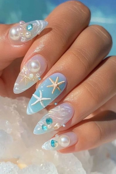 Ocean-Inspired Pearly Glam Summer Nails