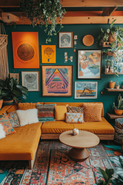 "Colorful Interior Aesthetic Cozy Dramatic Living Room Bohemian Vintage Living Room Libra Interior Design House Interior Eclectic Transitional Room Ideas Jewel Tone Gallery Wall Eclectic Boho Interior Design Maximalist Gallery Wall Living Room"
