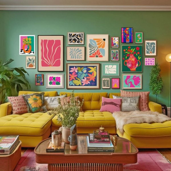 Colorful Gallery Grid Above Couch Wall Art