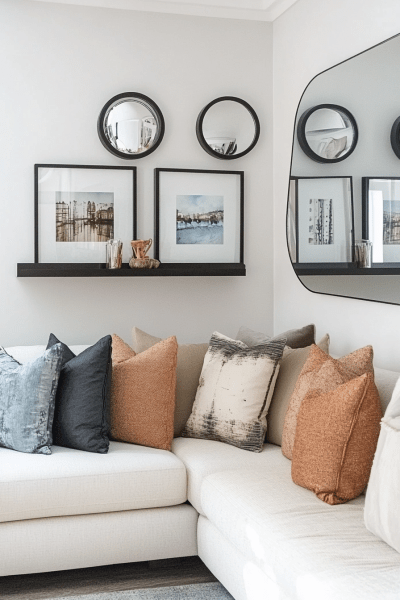 Living Room Empty Corner Floating Shelves and Mirrors