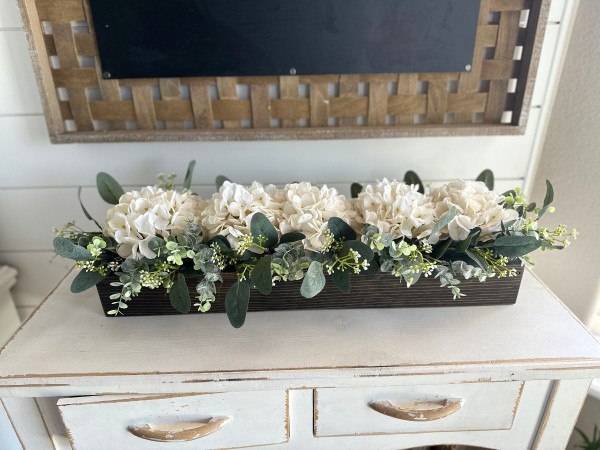 White Hydrangeas in a Rustic Planter