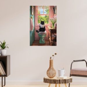 Black Cat on a Bathroom Seat Reading Papers Poster - PLR Digital Products