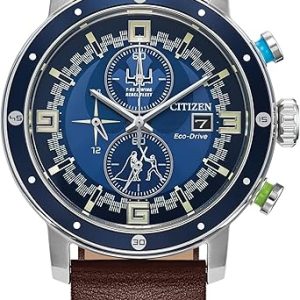Citizen Men’s Eco-Drive Star Wars Luke Skywalker Chronograph Stainless Steel Watch with Brown Leather Strap, Blue Bezel, 44mm (Model: CA0768-07W) - PLR Digital Products