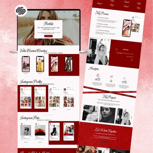Social Media Manager Portfolio Website Template, Red Squarespace 7.1 Website Template for UGC, Marketing Agency & Virtual Assistants