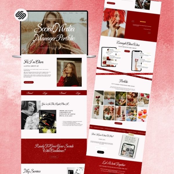 Social Media Manager Portfolio Website Template, Red Squarespace 7.1 Website Template for UGC, Marketing Agency & Virtual Assistants