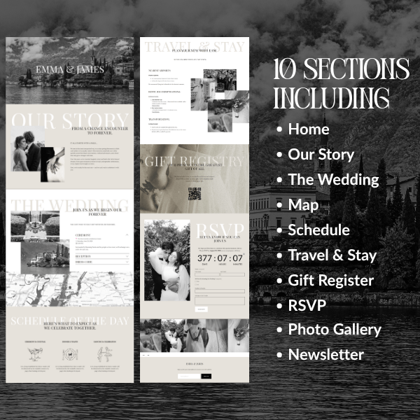 Squarespace Wedding Template, Elegant Wedding Website, Wedding Countdown, RSVP, Map, Black & White, Vintage, Italian, Old Money
