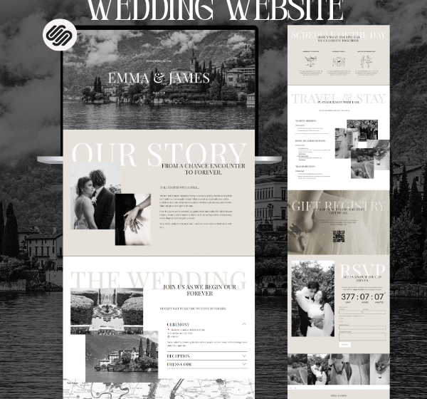 Squarespace Wedding Template, Elegant Wedding Website, Wedding Countdown, RSVP, Map, Black & White, Vintage, Italian, Old Money