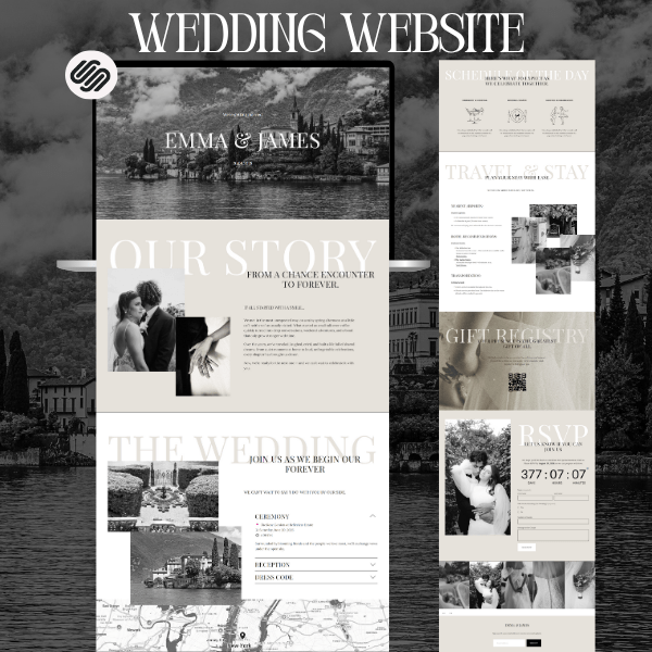 Squarespace Wedding Template, Elegant Wedding Website, Wedding Countdown, RSVP, Map, Black & White, Vintage, Italian, Old Money