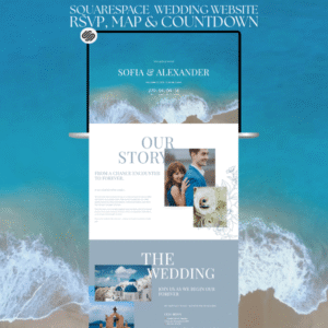 Dusty Blue Squarespace Wedding Website Template with Video, RSVP, Wedding Countdown & Map | Santorini Beach Aesthetic, Online Web Invitation - PLR Digital Products