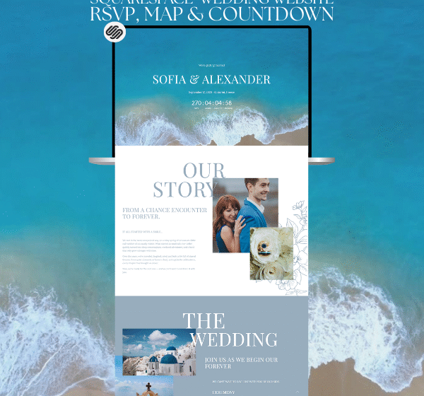 Dusty Blue Squarespace Wedding Website Template with Video, RSVP, Wedding Countdown & Map | Santorini Beach Aesthetic, Online Web Invitation
