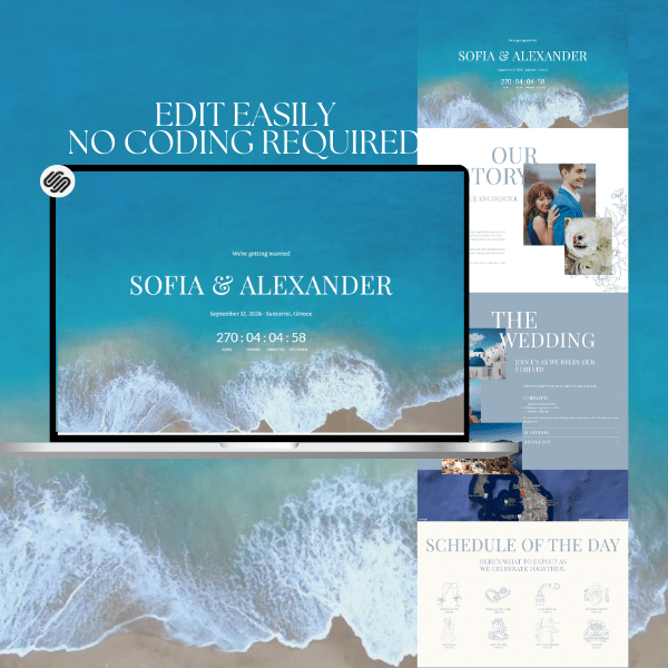 Dusty Blue Squarespace Wedding Website Template with Video, RSVP, Wedding Countdown & Map | Santorini Beach Aesthetic, Online Web Invitation