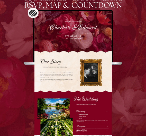 Floral Squarespace Wedding Website Rsvp Template for Couple with Wedding Countdown & Interactive Map | Vintage, Luxury One Page Design