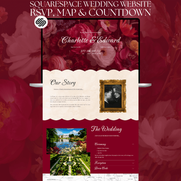 Floral Squarespace Wedding Website Rsvp Template for Couple with Wedding Countdown & Interactive Map | Vintage, Luxury One Page Design