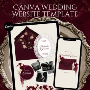 Burgundy & Ivory Vintage Floral Wedding Website Template, Editable Canva Invitation with RSVP
