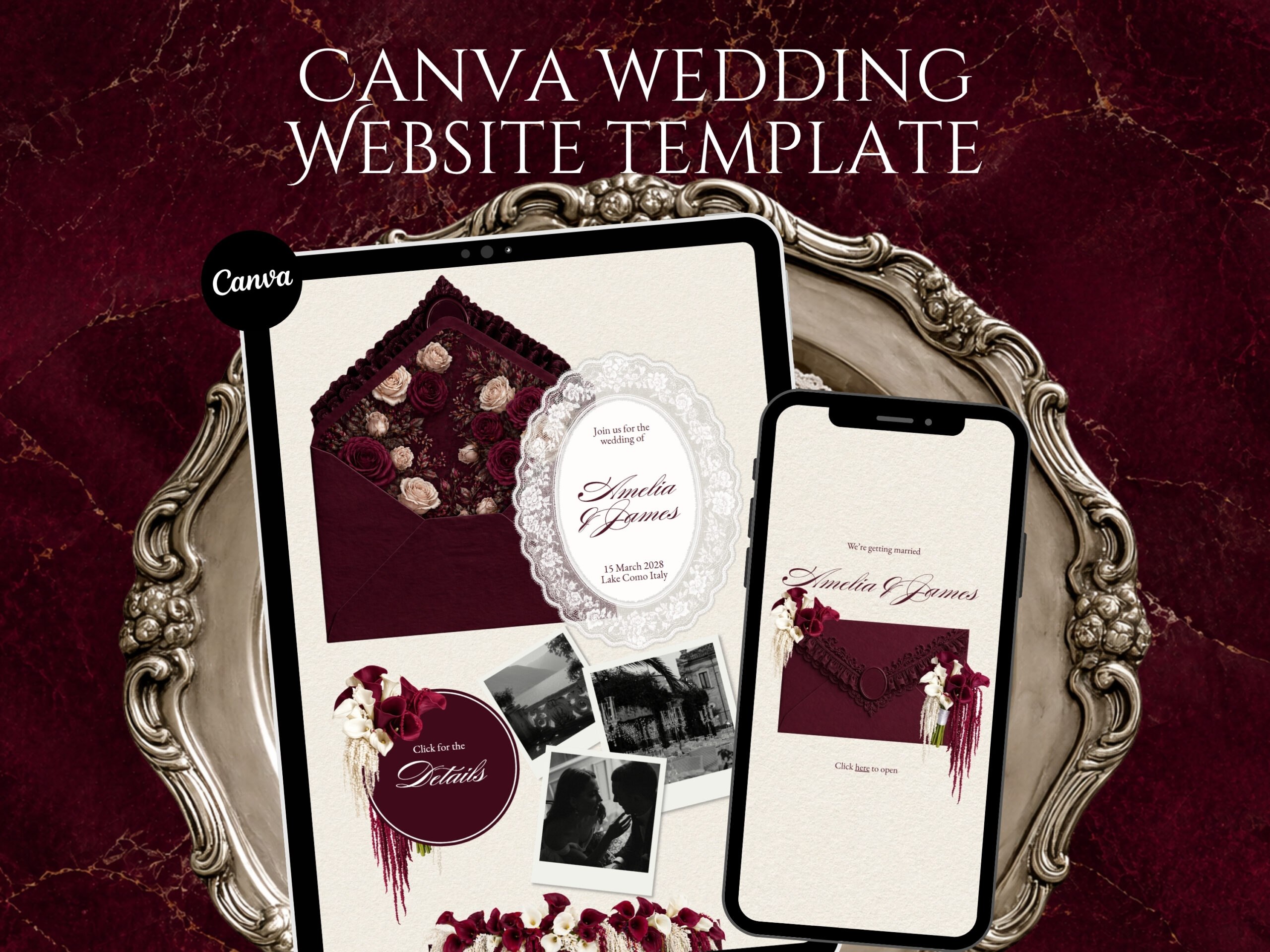 Burgundy & Ivory Vintage Floral Wedding Website Template, Editable Canva Invitation with RSVP 3 Burgundy & Ivory Vintage Floral Wedding Website Template, Editable Canva Invitation with RSVP 3